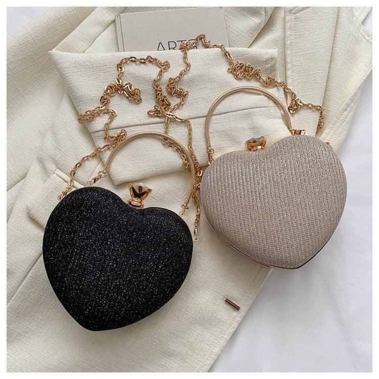 Clutch de Noite Brilhante em Forma de Coração – Mala de Festa com Corrente