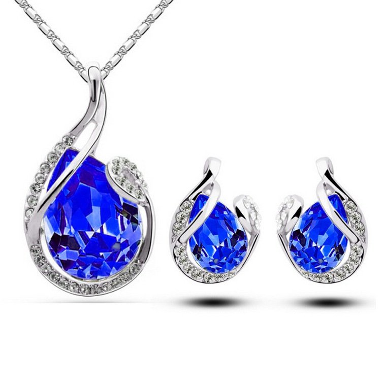 Conjunto de Colar e Brincos em Forma de Gota com Strass – 3 Peças – Bijuteria Feminina para Oferta