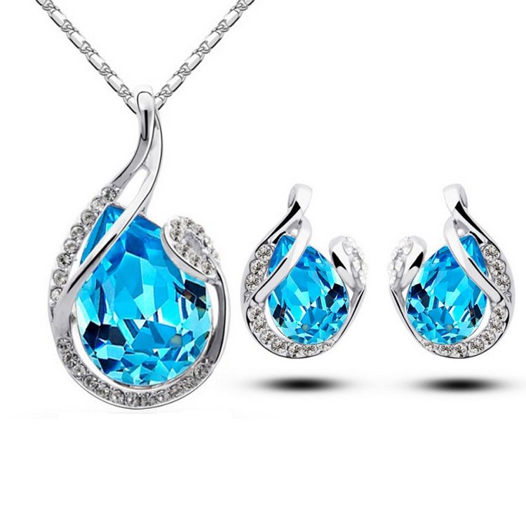 Conjunto de Colar e Brincos em Forma de Gota com Strass – 3 Peças – Bijuteria Feminina para Oferta