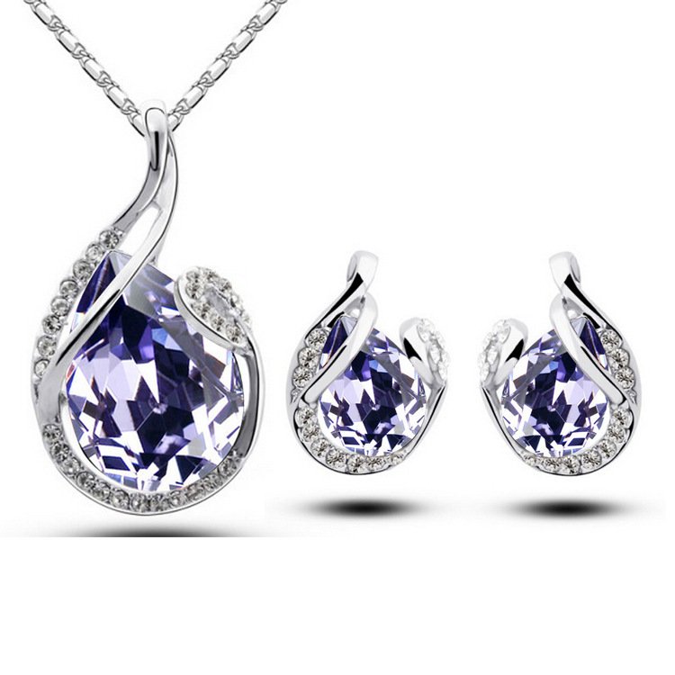 Conjunto de Colar e Brincos em Forma de Gota com Strass – 3 Peças – Bijuteria Feminina para Oferta
