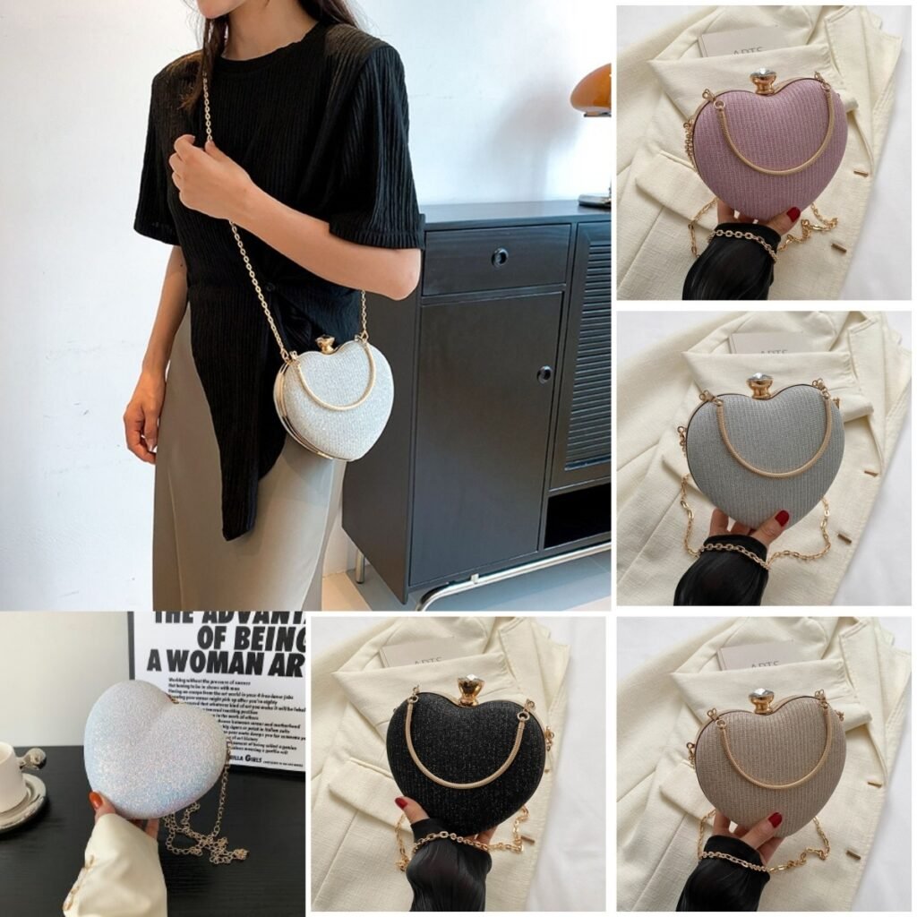 Clutch de Noite Brilhante em Forma de Coração – Mala de Festa com Corrente