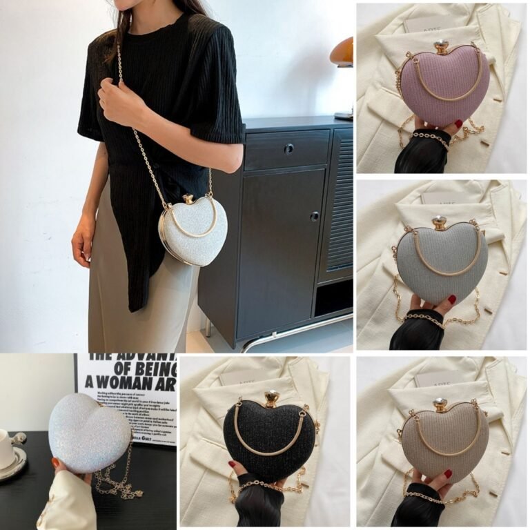 Clutch de Noite Brilhante em Forma de Coração – Mala de Festa com Corrente