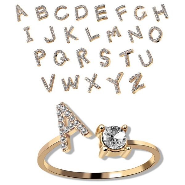 Anel Ajustável com Inicial (A–Z) e Strass – Bijuteria Feminina Elegante