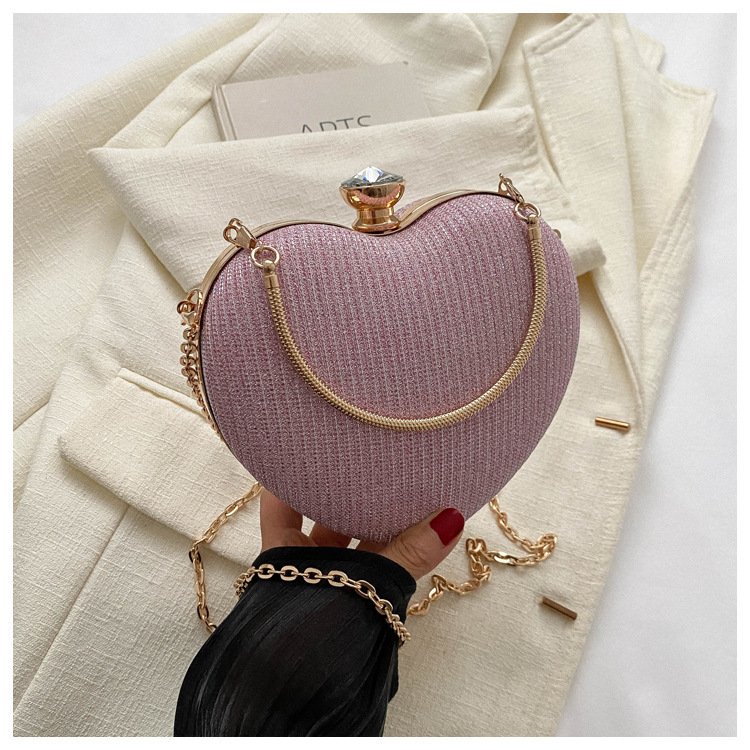Clutch de Noite Brilhante em Forma de Coração – Mala de Festa com Corrente
