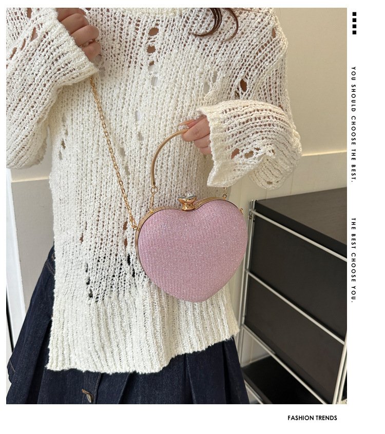 Clutch de Noite Brilhante em Forma de Coração – Mala de Festa com Corrente