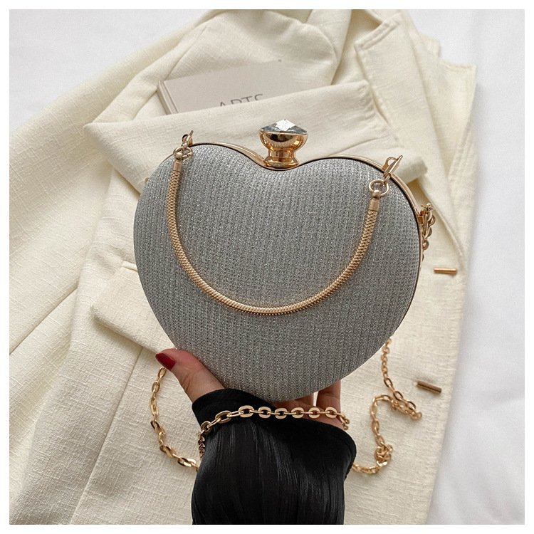 Clutch de Noite Brilhante em Forma de Coração – Mala de Festa com Corrente