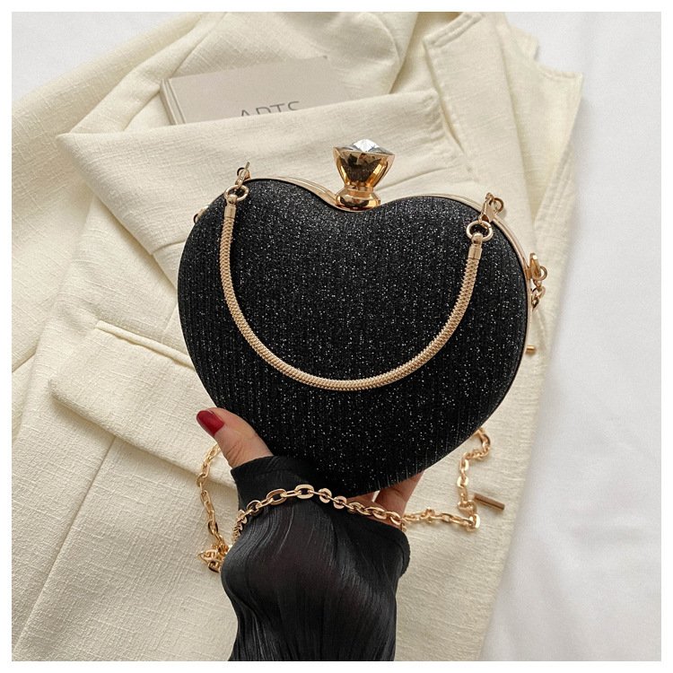 Clutch de Noite Brilhante em Forma de Coração – Mala de Festa com Corrente
