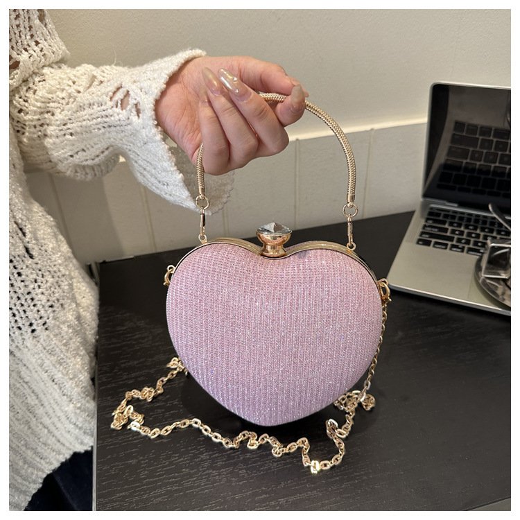 Clutch de Noite Brilhante em Forma de Coração – Mala de Festa com Corrente