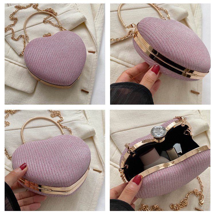 Clutch de Noite Brilhante em Forma de Coração – Mala de Festa com Corrente