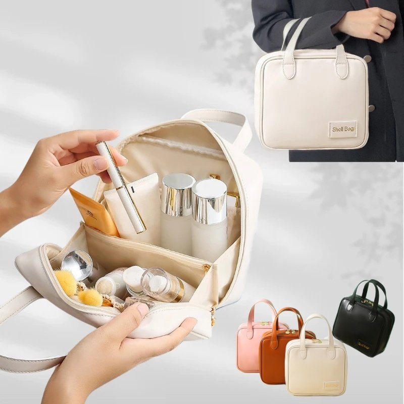 Bolsa de Maquilhagem em Pele PU de Grande Capacidade – Nécessaire de Viagem Concha