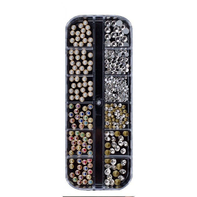 Kit Decoração Nail Art — Série Pérolas e Strass Caixa de 12 divisórias com pérolas e strass para nail art